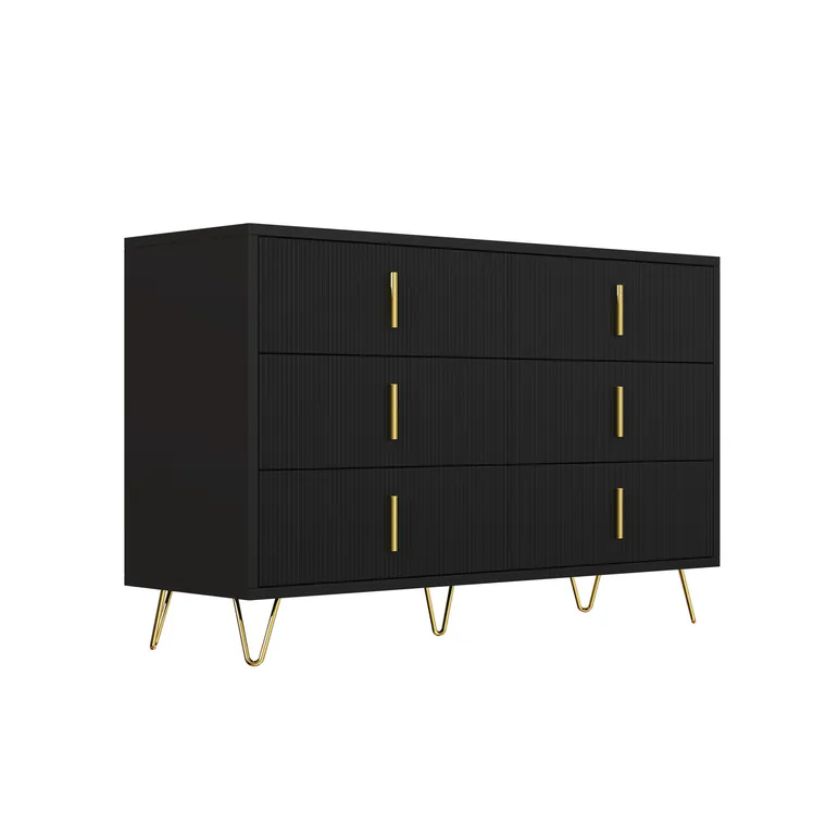 Bufet cu 6 sertare, mânere și picioare aurii, textură ondulată, 120x40x77 cm, Negru+Aurii