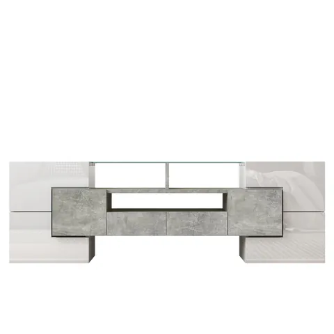 Dulap TV cu iluminare LED, suprafețe din sticlă, cu 6 uși, 2 sertare și 3 compartimente, 145x30x51 cm, Alb+Gri