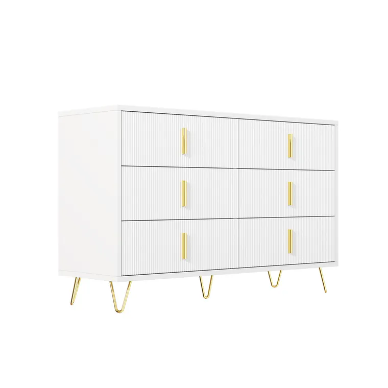 Bufet cu 6 sertare, mânere și picioare aurii, textură ondulată, 120x40x77 cm, Alb+Aurii