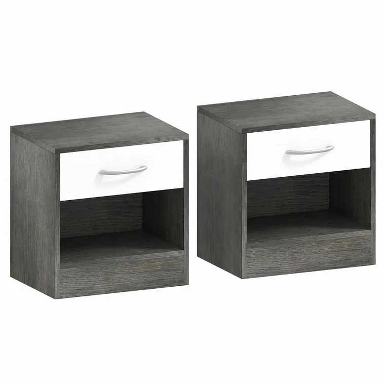 HOMCOM Set 2 Noptiere Moderne cu Raft Deschis și Sertar Alb Gri închis | Aosom Romania
