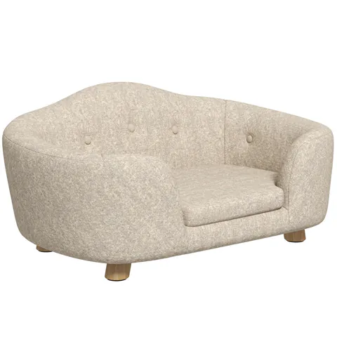 PawHut Canapea pentru animale de companie, Pat pentru câini, Canapea pentru câini, Canapea pentru pisici cu pernă și buzunar posterior, Pluș, Spumă, Lemn de pin, Crem, 70 x 47 x 30 cm | Aosom Romania