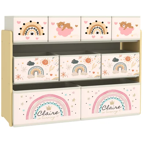 AIYAPLAY Etajeră Depozitare Jucării cu 3 Niveluri și 9 Cutii de Țesătură, Mobilier Depozitare Jucării, 93x30x70 cm, Galben | Aosom Romania