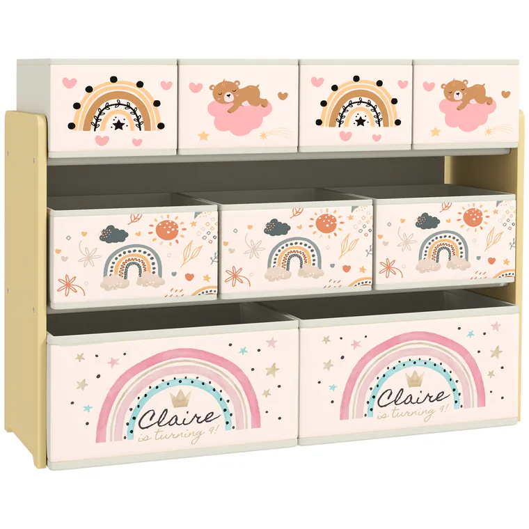 AIYAPLAY Etajeră Depozitare Jucării cu 3 Niveluri și 9 Cutii de Țesătură, Mobilier Depozitare Jucării, 93x30x70 cm, Galben | Aosom Romania