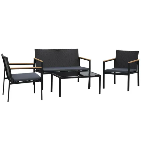 Outsunny Set Mobilier de Grădină din Ratan din 2 Scaune cu Brațe pentru Terasă, Bancă și Masă de Cafea, 80x42x37 cm, Negru | Aosom Romania