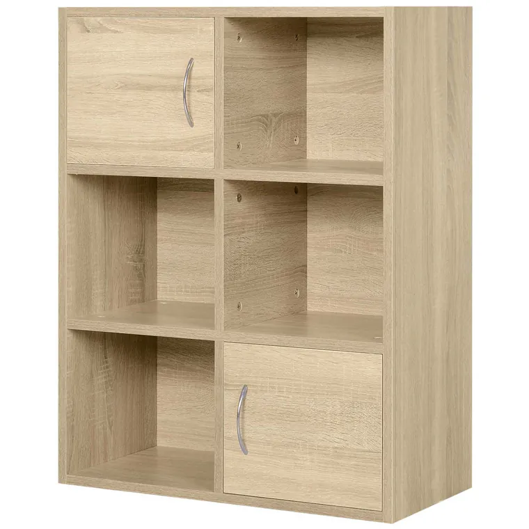 Biblioteca HOMCOM cu 3 Rafturi , 4 Compartimente si 2 Usi Basculante din Lemn Natural 61.5x29.5x80cm | Aosom Romania