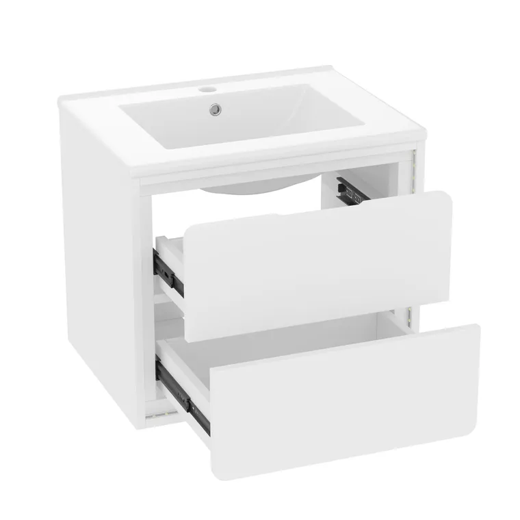 Dulap de baie suspendat pe perete cu iluminare LED cu senzor radar, două sertare și chiuvetă integrată din ceramică, 60x46x50 cm, Alb