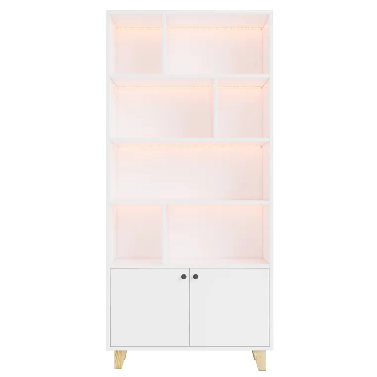 Bibliotecă cu iluminare ambientală LED cu schimbare de culoare, uși duble și mai multe rafturi, 80x30x173 cm, Alb