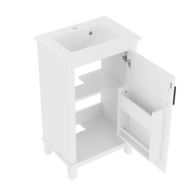 Dulap de baie independent cu lavoar ceramic integrat, rafturi ajustabile, 51x34x83 cm, Alb