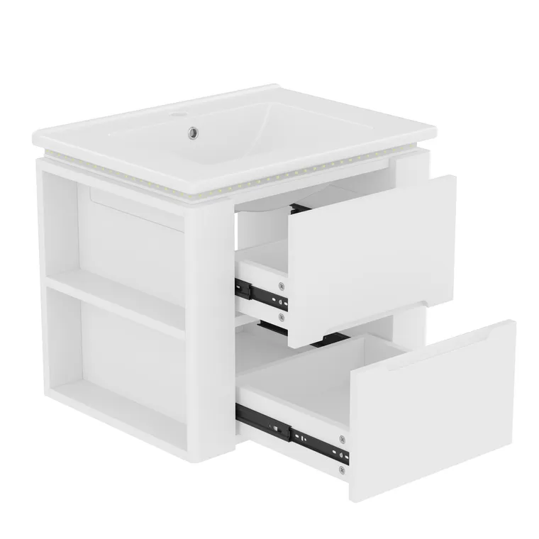 Dulap de baie suspendat cu iluminare LED cu senzor radar, două sertare și rafturi laterale, 61x46x50 cm, Alb