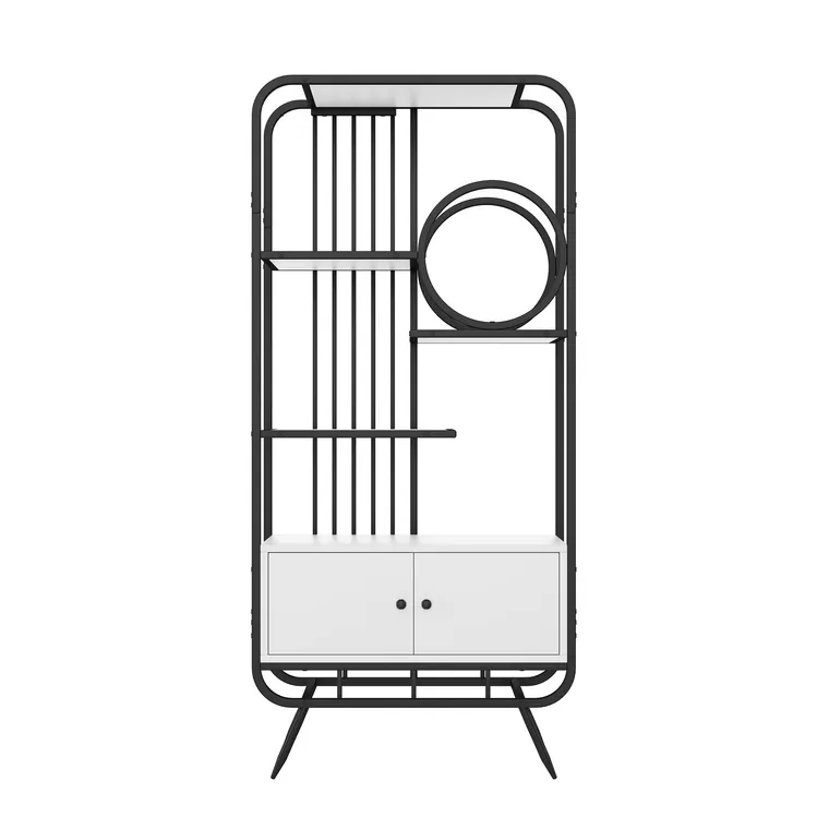 Raft metalic, trei rafturi și decor rotund, dulap de depozitare alb cu uși duble, 80x30x180 cm, Alb + Negru