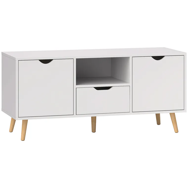 HOMCOM Mobilier TV de 50" cu Sertar, Raft Deschis și 2 Dulapuri, Mobilier TV cu 5 Picioare din Lemn, 110x40x50 cm, Alb | Aosom Romania
