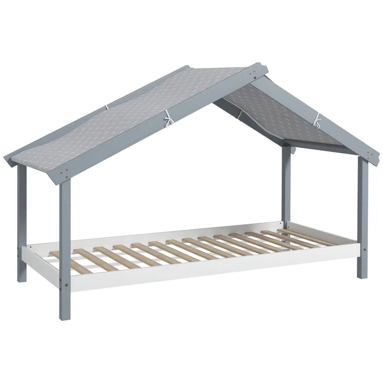 HOMCOM Pat Montessori pentru Copii în Formă de Căsuță cu Acoperiș Înstelat, Pat cu 15 Șipci, 213x100x140 cm, Gri | Aosom Romania