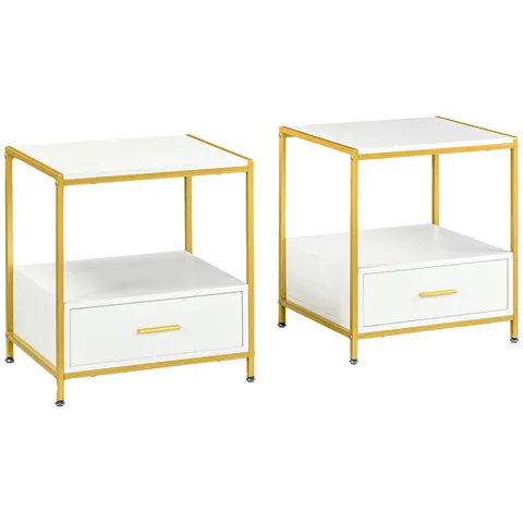 Set de 2 Masute Noptiere Moderne, Noptiere cu Sertar si Raft, Organizatoare de Depozitare, Alb si Auriu 50x40x55cm HOMCOM | Aosom Romania