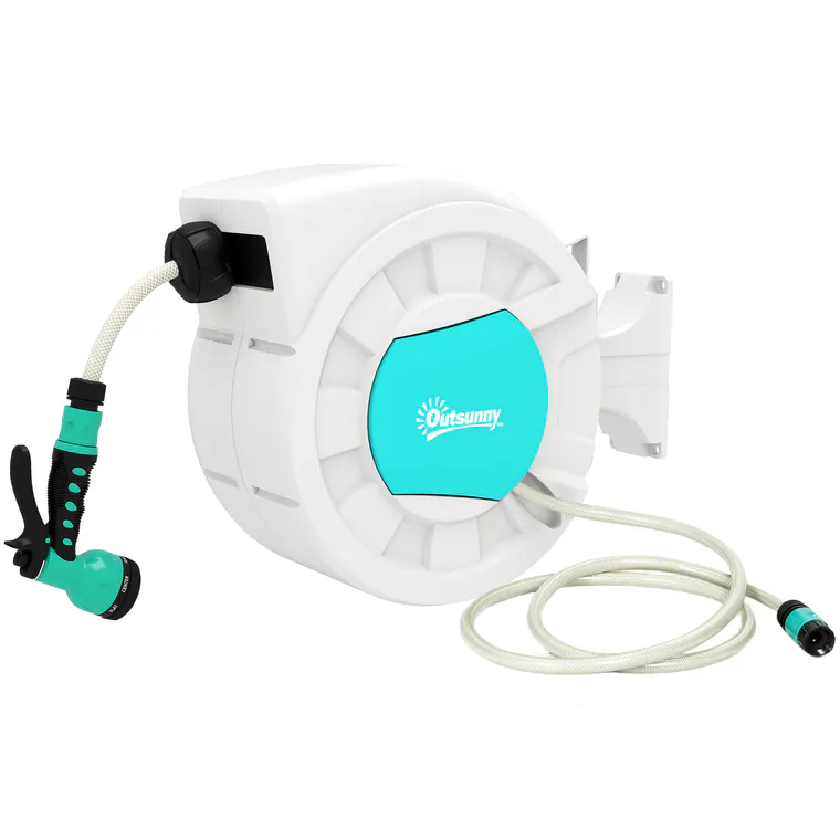 Outsunny Tambur furtun pentru udare suport furtun de apă 25+2 m suport de perete + mâner pivotant la 180° 55 x 20 x 42 cm gri deschis | Aosom Romania