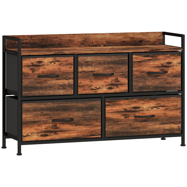 HOMCOM Comodă, mobilier de depozitare cu 5 sertare pliabile din țesătură, blat și cadru din oțel, 98 x 29 x 63 cm, maro rustic | Aosom Romania