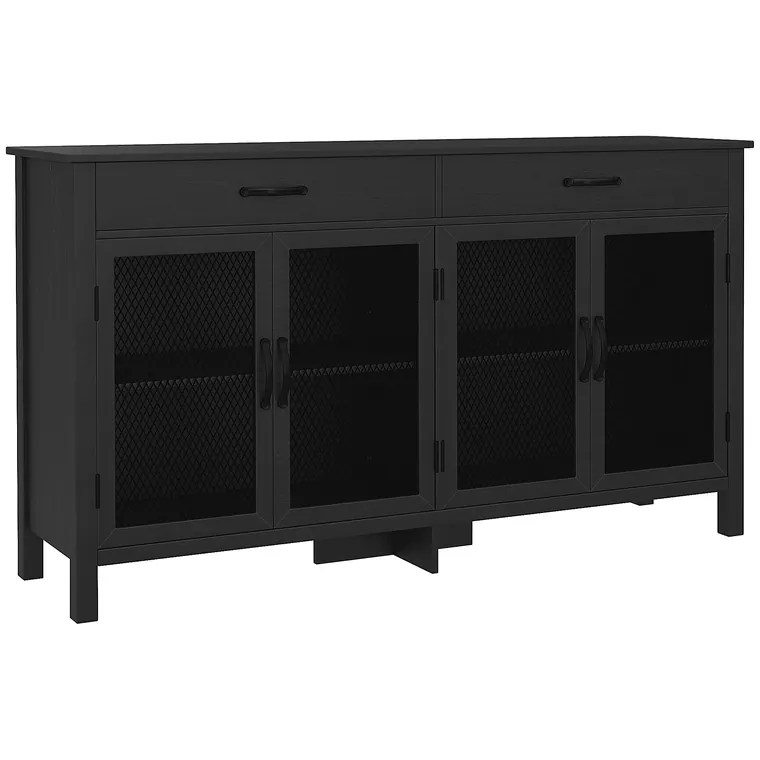 HOMCOM Bufet jos mobilier de depozitare 4 uși cu polițe reglabile și 2 sertare stil industrial 150 x 40 x 85 cm negru | Aosom Romania