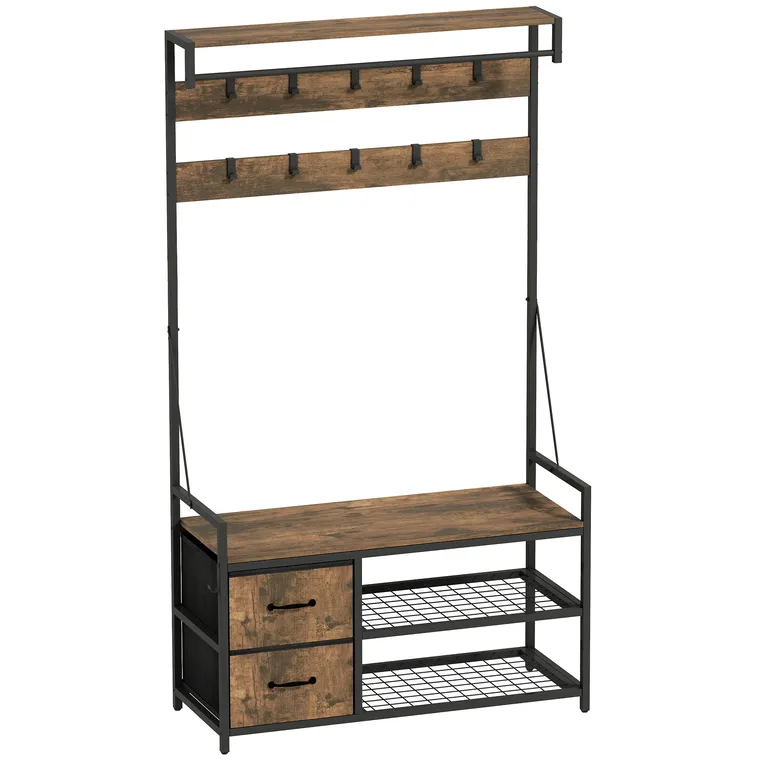 HOMCOM Suport pentru haine 6-în-1 cu raft pentru pantofi, stil industrial, 10 cârlige, 2 sertare textile, metal, maro | Aosom Romania