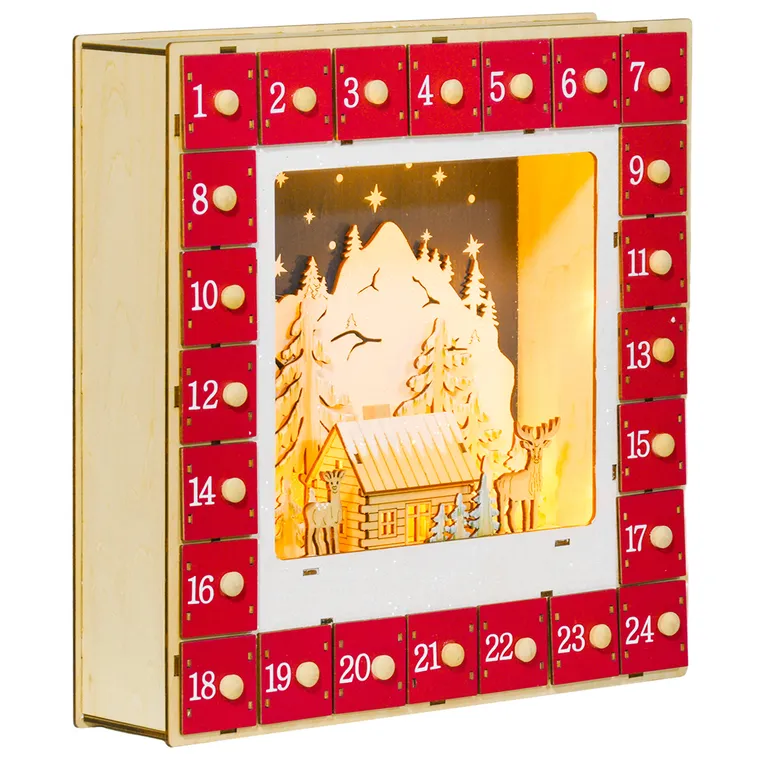 HOMCOM Calendar de Advent cu LED, decorațiuni de Crăciun din lemn, 24 sertare de umplut, decorațiune luminoasă, roșu | Aosom Romania