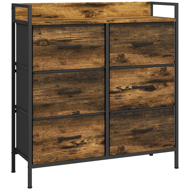 HOMCOM Comodă, corp de depozitare pentru dormitor 6 sertare țesătură nețesută cadru din oțel, 79 x 29 x 85 cm, efect lemn mahon | Aosom Romania