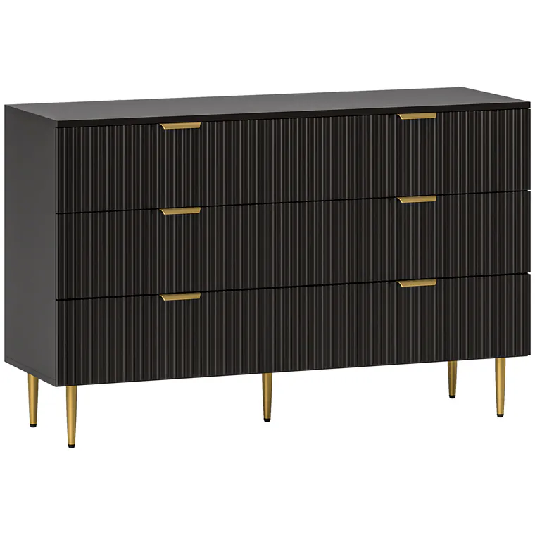 HOMCOM Comodă 6 sertare comodă dormitor mobilier de depozitare modern cu mânere și picioare aurii, 120 x 40 x 76,5 cm, negru | Aosom Romania
