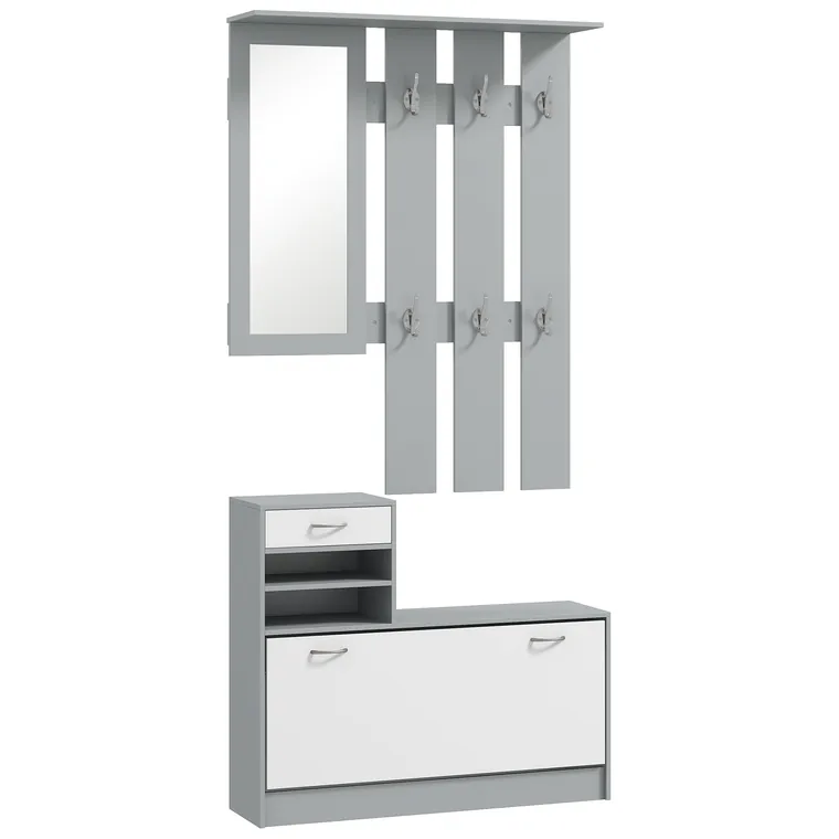 HOMCOM Set de Mobilier pentru Hol cu Raft pentru Pantofi, Oglindă și 2 rafturi Reglabile, 90x24x177 cm, Gri | Aosom Romania