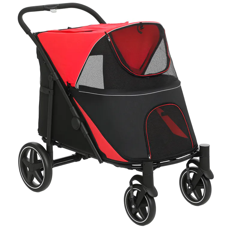 PawHut Cărucior Pliabil pentru Câini cu 4 Roți, Intrări cu Fermoar și Ferestre din Plasă, 112x65x100 cm, Roșu | Aosom Romania