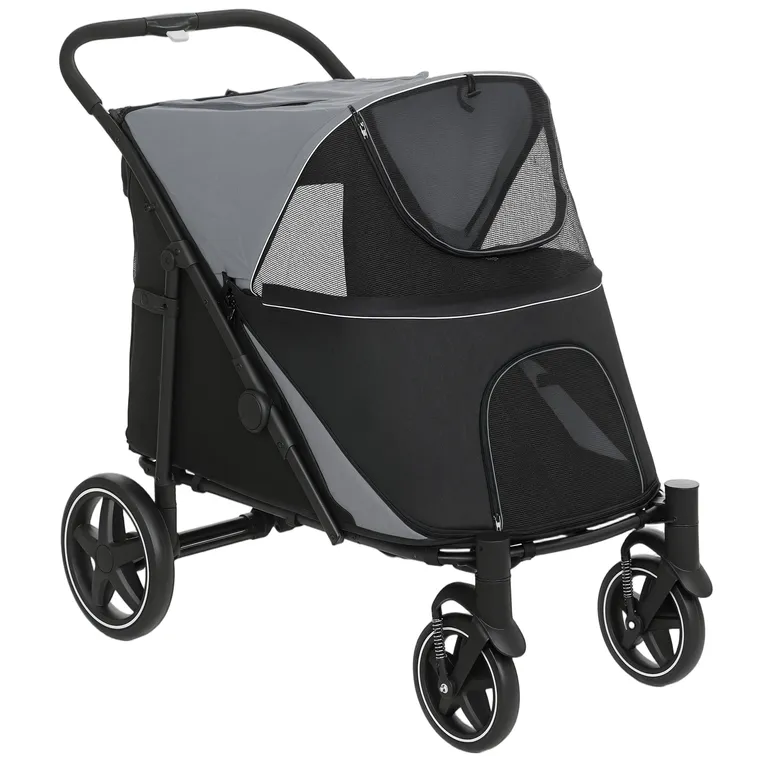 PawHut Cărucior Pliabil pentru Câini cu 4 Roți, Intrări cu Fermoar și Ferestre din Plasă, 112x65x100 cm, Gri | Aosom Romania