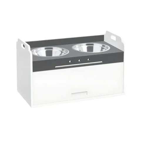 PawHut Bol pentru câini ridicat cu dulap de depozitare, 2 boluri cu inele antiderapante, 60 x 30 x 35,5 cm, Alb | Aosom Romania