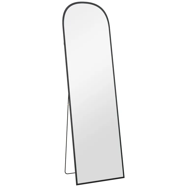 HOMCOM Oglindă de Podea și Perete Modernă din Aliaj de Aluminiu cu Suport Pliabil, 50x170 cm, Neagră | Aosom Romania