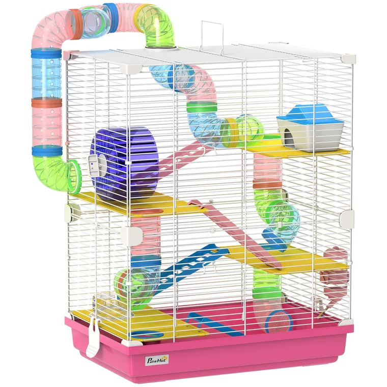 PawHut Colivie pentru Hamster cu Tunel Platforme Bol Adăpător Căsuță Rampe și Roată de Exerciții 46x30x58 cm Roz | Aosom Romania