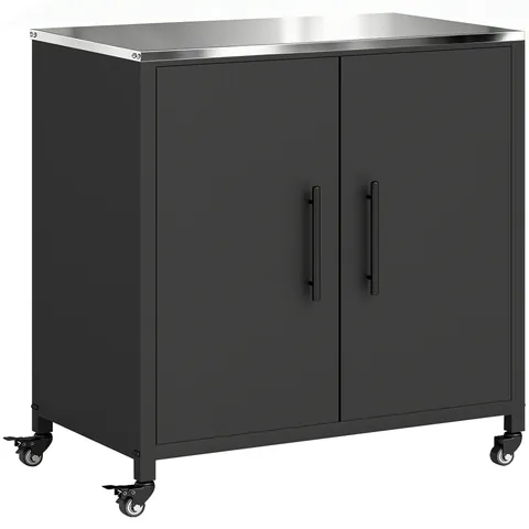 Outsunny Dulap de grădină din metal, dulap de depozitare exterior, blat din oțel inoxidabil și roți, Negru | Aosom Romania