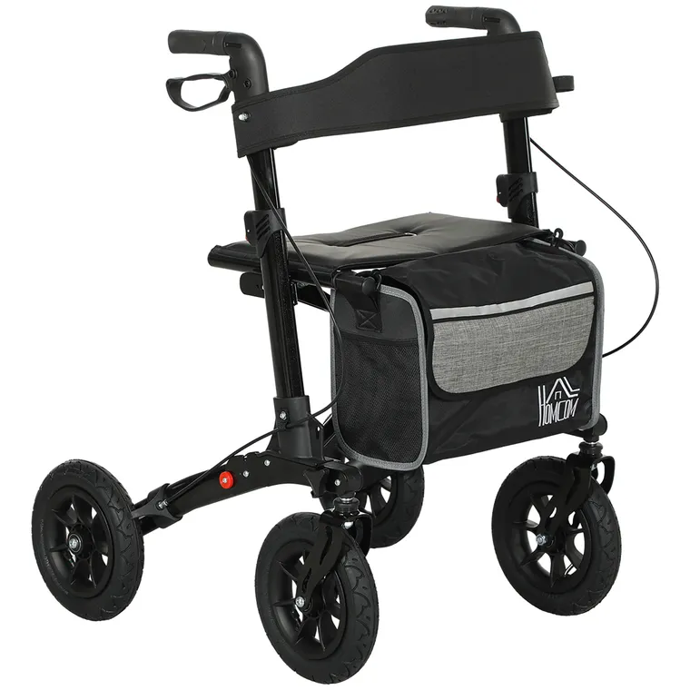 HOMCOM Deambulator pliabil 4 roți, rollator din aluminiu ușor, scaun căptușit, spătar, mânere reglabile, 69x64x98,5cm negru | Aosom Romania