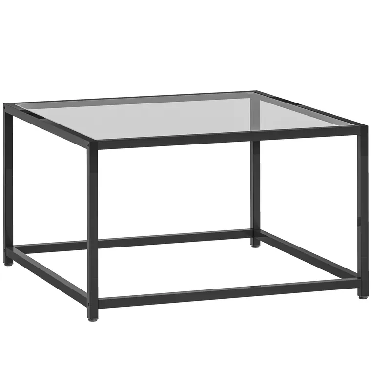 HOMCOM Măsuță pătrată noptieră cu blat din sticlă securizată, masă de cafea cu picioare din oțel 68 x 68 x 39 cm Negru | Aosom Romania