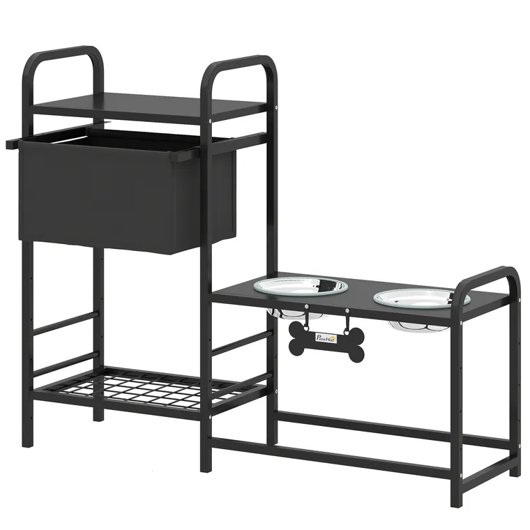 PawHut Bol ridicat pentru câini, reglabil pe înălțime, cu spațiu de depozitare, 2 x boluri din oțel inoxidabil 800 ml, 89,5x27x74 cm, Negru | Aosom Romania