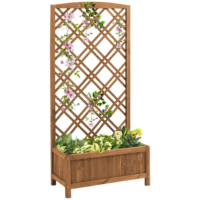 Outsunny jardinieră înălțată suport flori grădină cu grilaj din lemn galben 60 x 30 x 122,5 cm | Aosom Romania