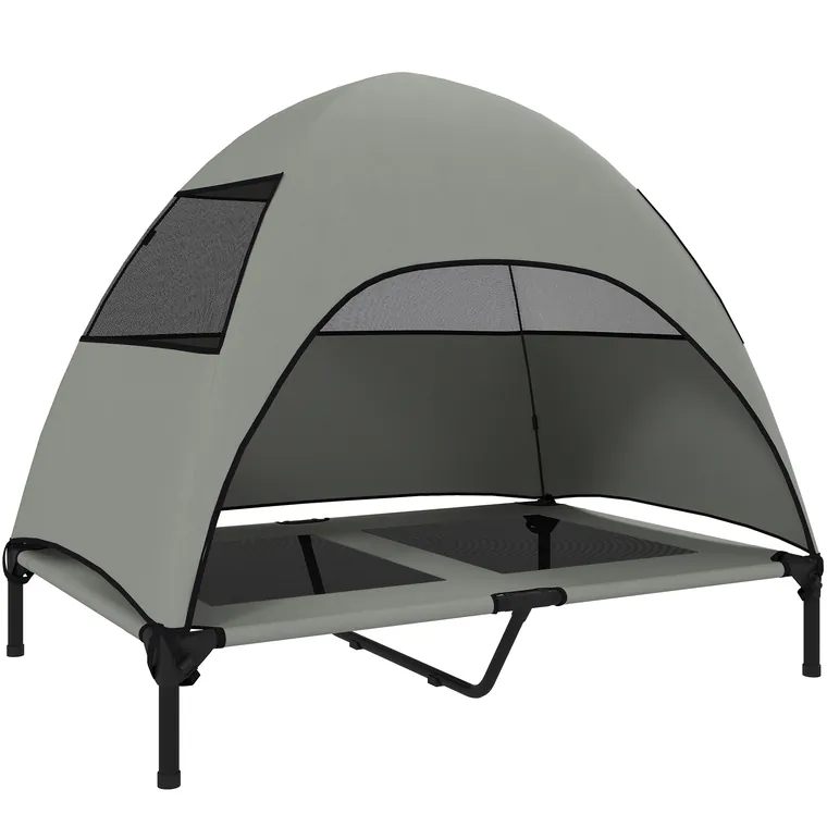 PawHut Pat pentru câini exterior cu acoperiș, pat ridicat pentru câini mari, 106 x 76 x 99 cm, Gri deschis | Aosom Romania