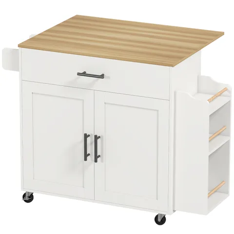 HOMCOM Insulă de bucătărie, cărucior pe roți, cu blat pliant, sertar, raft, 120 x 68 x 85 cm, Alb | Aosom Romania
