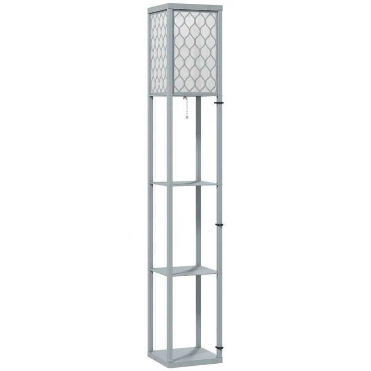 HOMCOM Lampă de podea cu raft, 3 compartimente, dimensiuni compacte, MDF, gri deschis | Aosom Romania