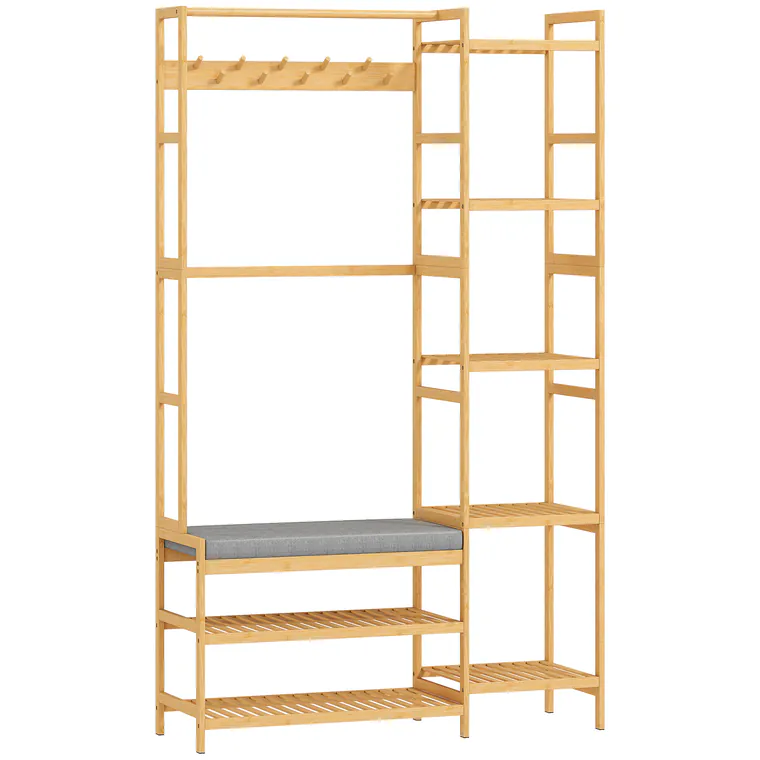 HOMCOM Cuier cu raft pentru pantofi, cârlige pentru haine, suport pentru paltoane, bancă cu pernă, pentru hol, intrare, lemn natural | Aosom Romania