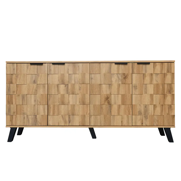 Bufet modern cu 4 uși, model geometric al texturii lemnului, spațiu generos de depozitare, 160,5x35,5x78 cm, Culoare naturală