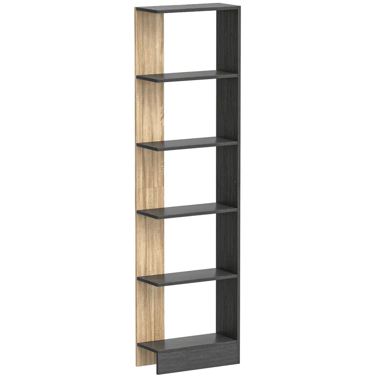 HOMCOM Raft-bibliotecă de depozitare cu 5 compartimente deschise 45 x 21 x 170 cm Negru și Stejar | Aosom Romania