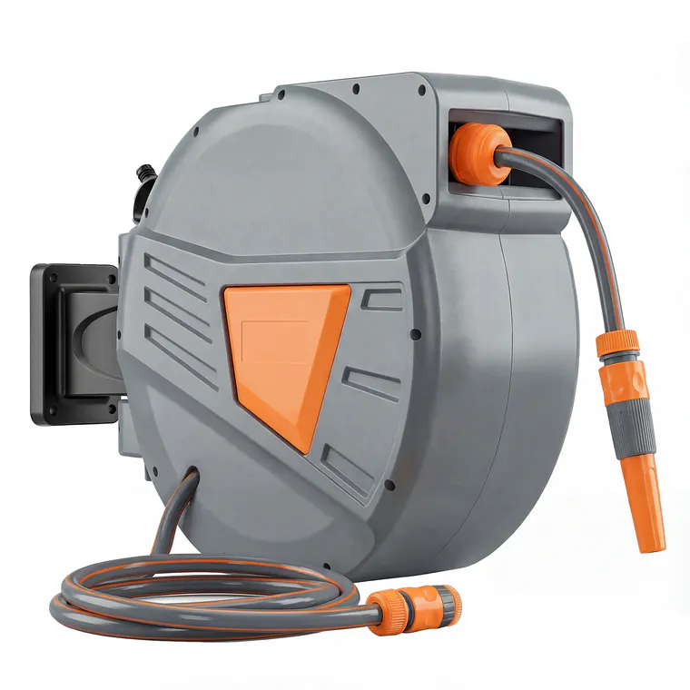 Outsunny Tambur pentru furtun retractabil 30+2 m cu duză în 2 moduri, blocare automată și retragere controlată, suport, portocaliu | Aosom Romania