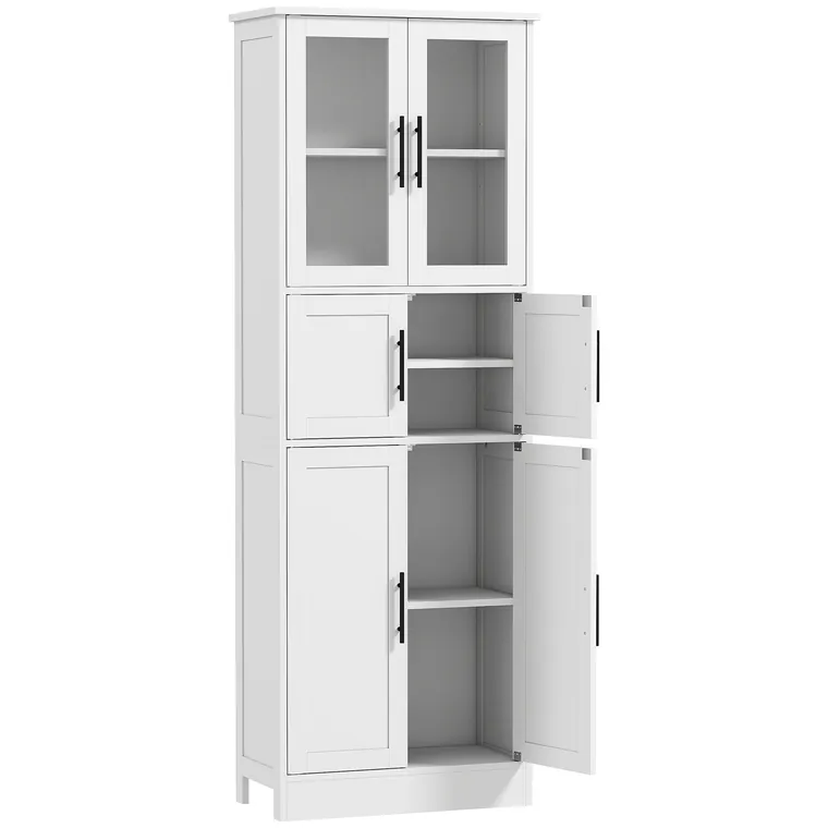 HOMCOM Dulap pentru baie, unitate depozitare 6 nivele, 6 uși dintre care 2 vitrate, rafturi reglabile, 60x30x170cm, alb | Aosom Romania
