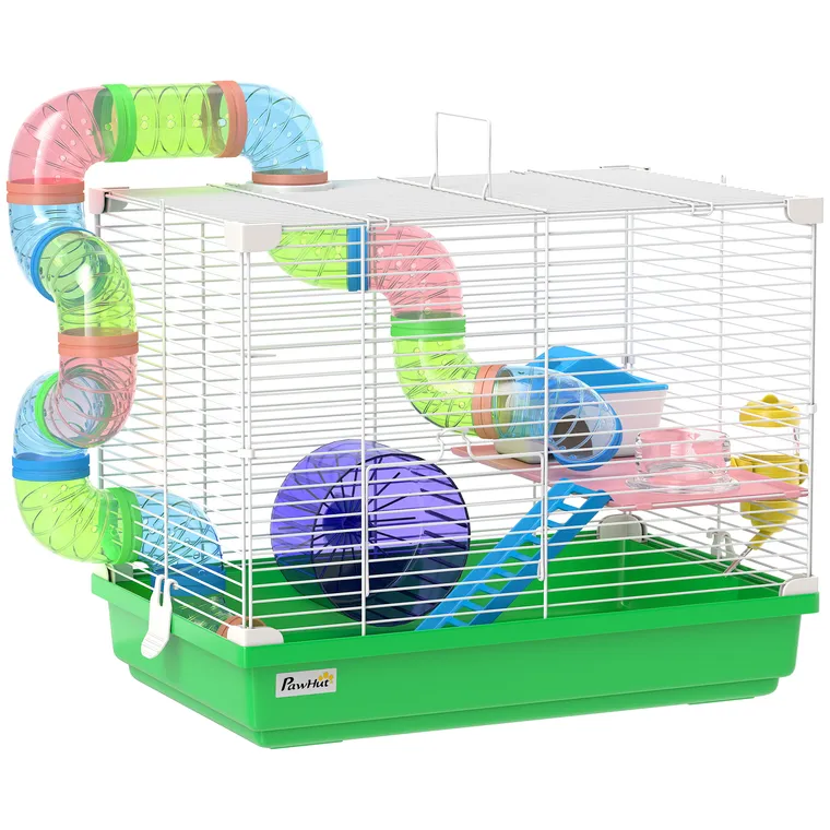 PawHut Cușcă pentru Hamster cu Tunel Bol Sticlă de Apă Căsuță Rampă Roată de Exerciții Tavă Detașabilă 46x30x37 cm Verde | Aosom Romania