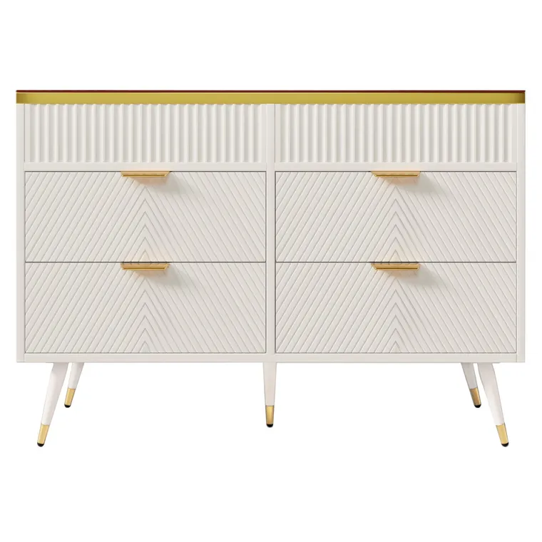 Comodă cu 6 sertare și sticlă chihlimbar, dulap înalt pentru dormitor și living, 120x40x76 cm, Alb