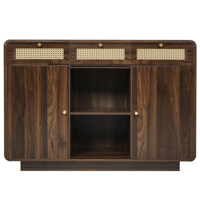 Comodă bufet, 3 sertare + 2 dulapuri cu raft central deschis și fețe din ratan, 120x40x85 cm, Maro
