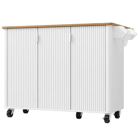 Insulă mobilă de bucătărie cu blat rabatabil, 3 uși, suport pentru prosoape și raft pentru condimente, 130x45/75x92 cm, Alb