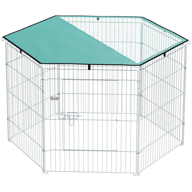 PawHut Parc pentru câini, închisoare pentru câini 6 panouri cu acoperiș, modular și pliabil, cușcă portabilă 76H cm cu ușă argintiu verde | Aosom Romania