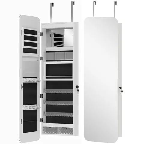 HOMCOM Dulap pentru Bijuterii Montabil pe Perete cu Oglindă Internă și LED-uri, Înălțime 120 cm, Economisire Spațiu, Sertare, Încuietoare și Cheie, Poliță Rabatabilă, Alb și Negru | Aosom Romania