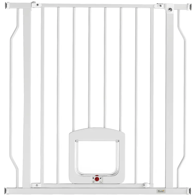 PawHut Poartă pentru Câini și Pisici Extensibilă cu Ușă Integrată, Poartă din Oțel și ABS, 75-85x2x76 cm, Alb | Aosom Romania
